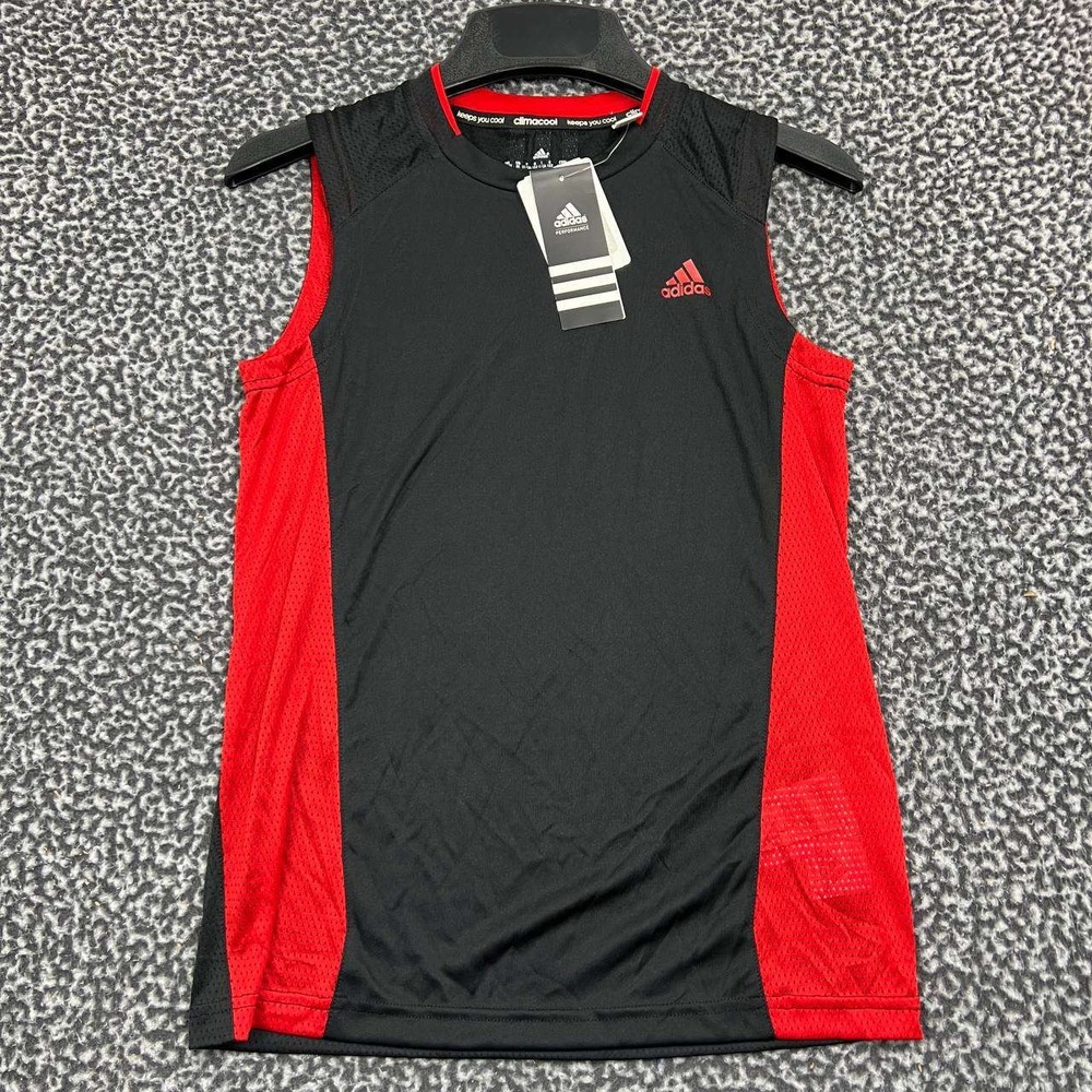 Adidas Shirt Youth Medium 11-12 Black Red Climacool Sleeveless Crew Neck New M